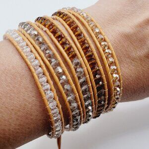 Florence Scovel 39" 5x Tan Leather Wrap Bracelet Faceted Beads Exc Cond Bohemian